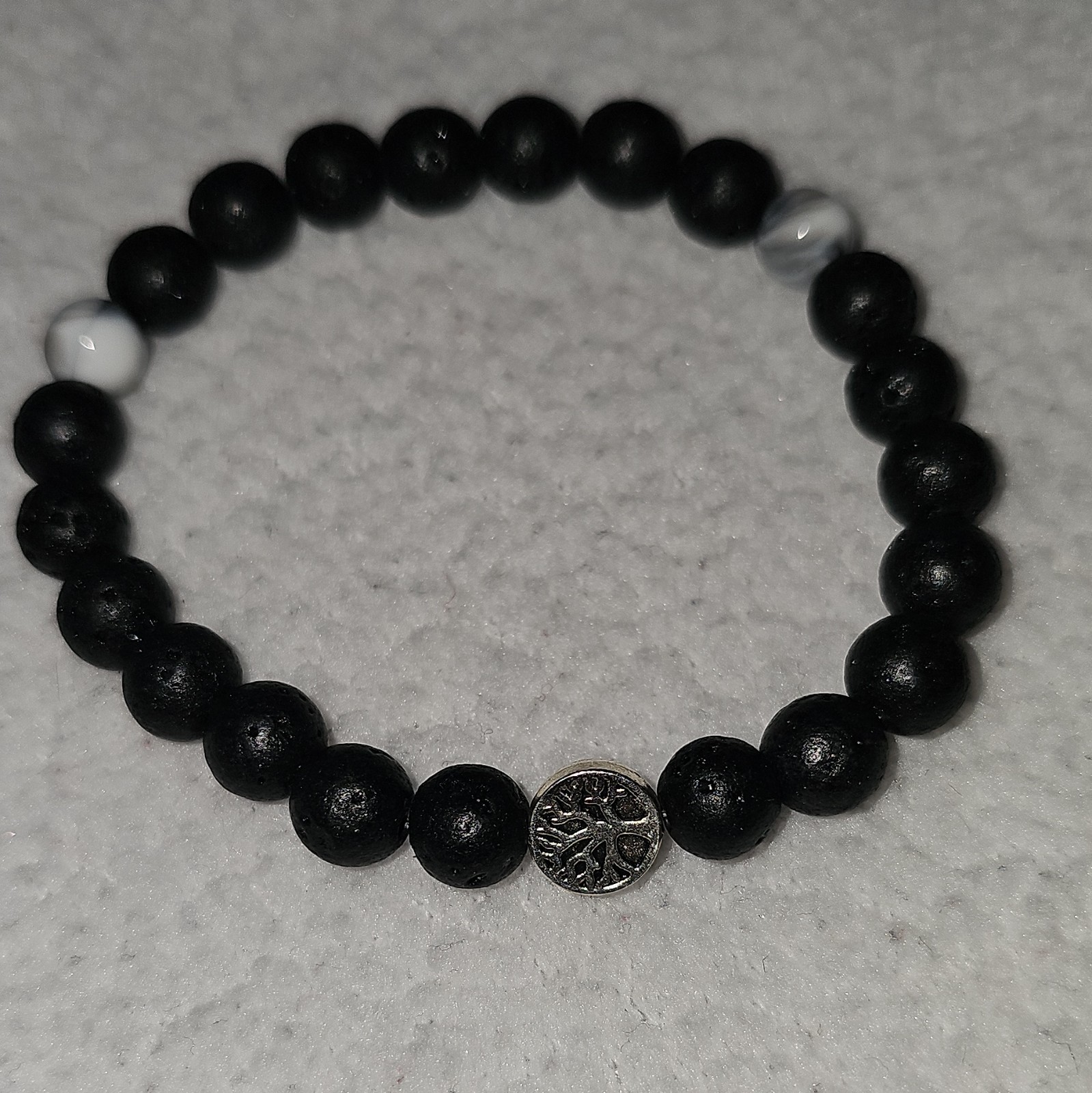 Black & White Round Stone Beaded Stretch Bracelet, Silver-Tone Charm