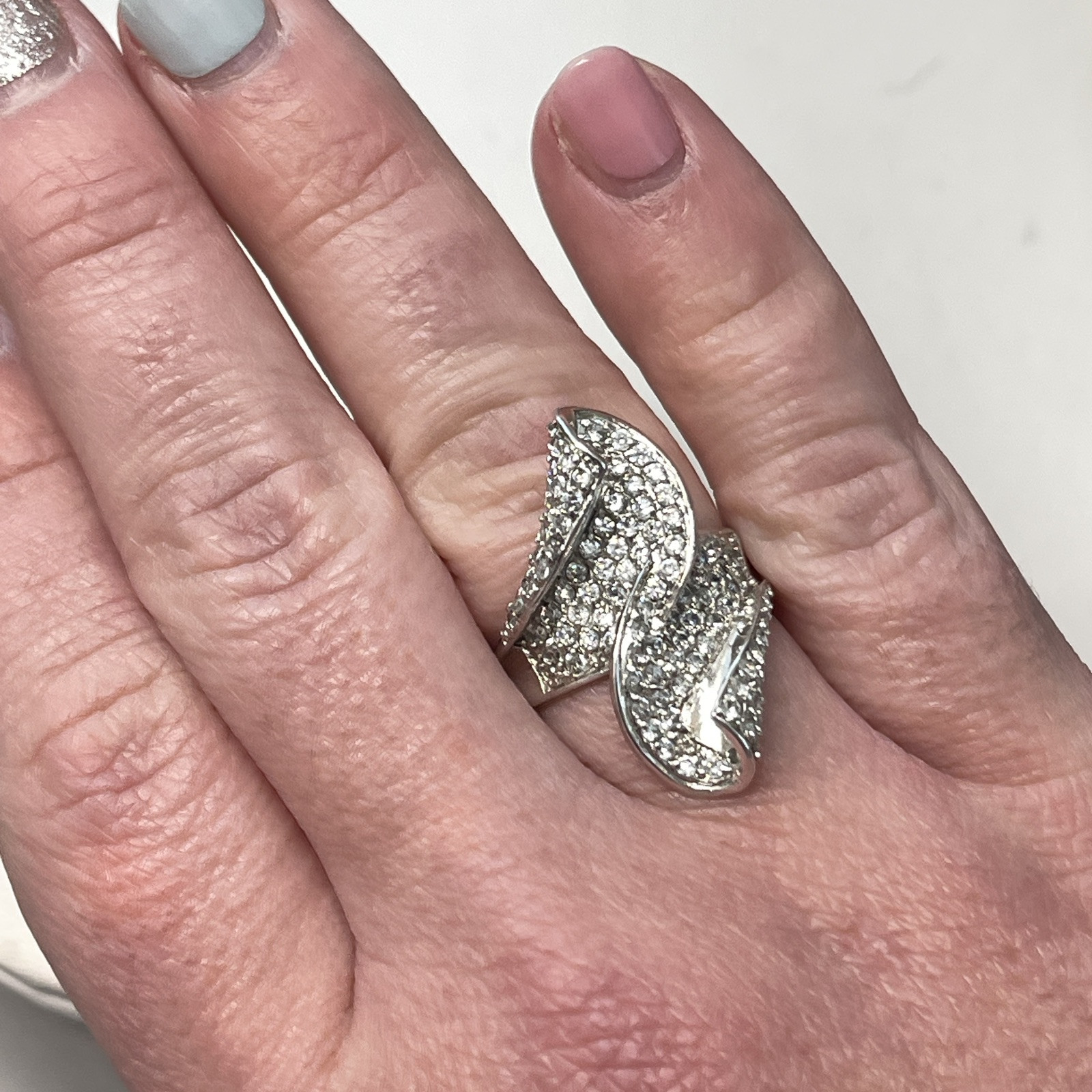 Pave Set CZ Clear Stone Open Back Abstract Statement Rhodium Plated Ring Sz 8