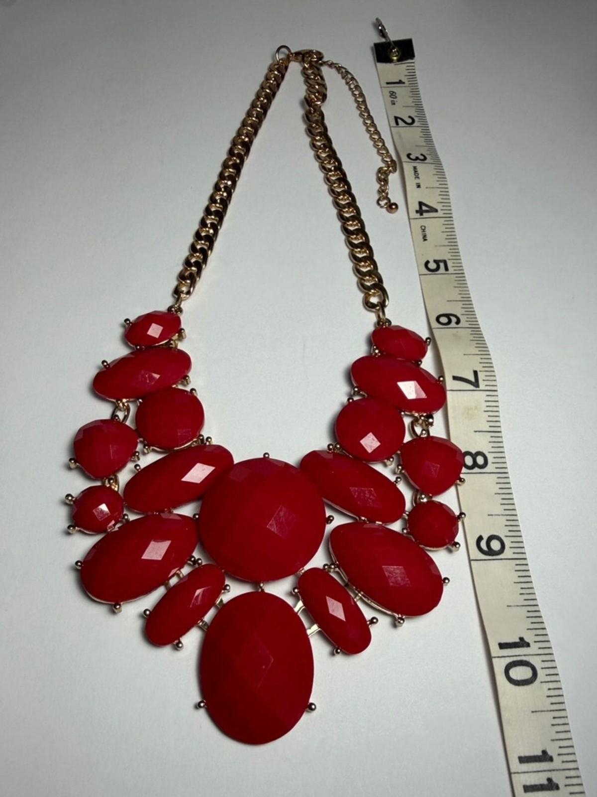 Chunky Red Acrylic/Lucite Cabochon Statement Bib Necklace with Gold-Tone Chain