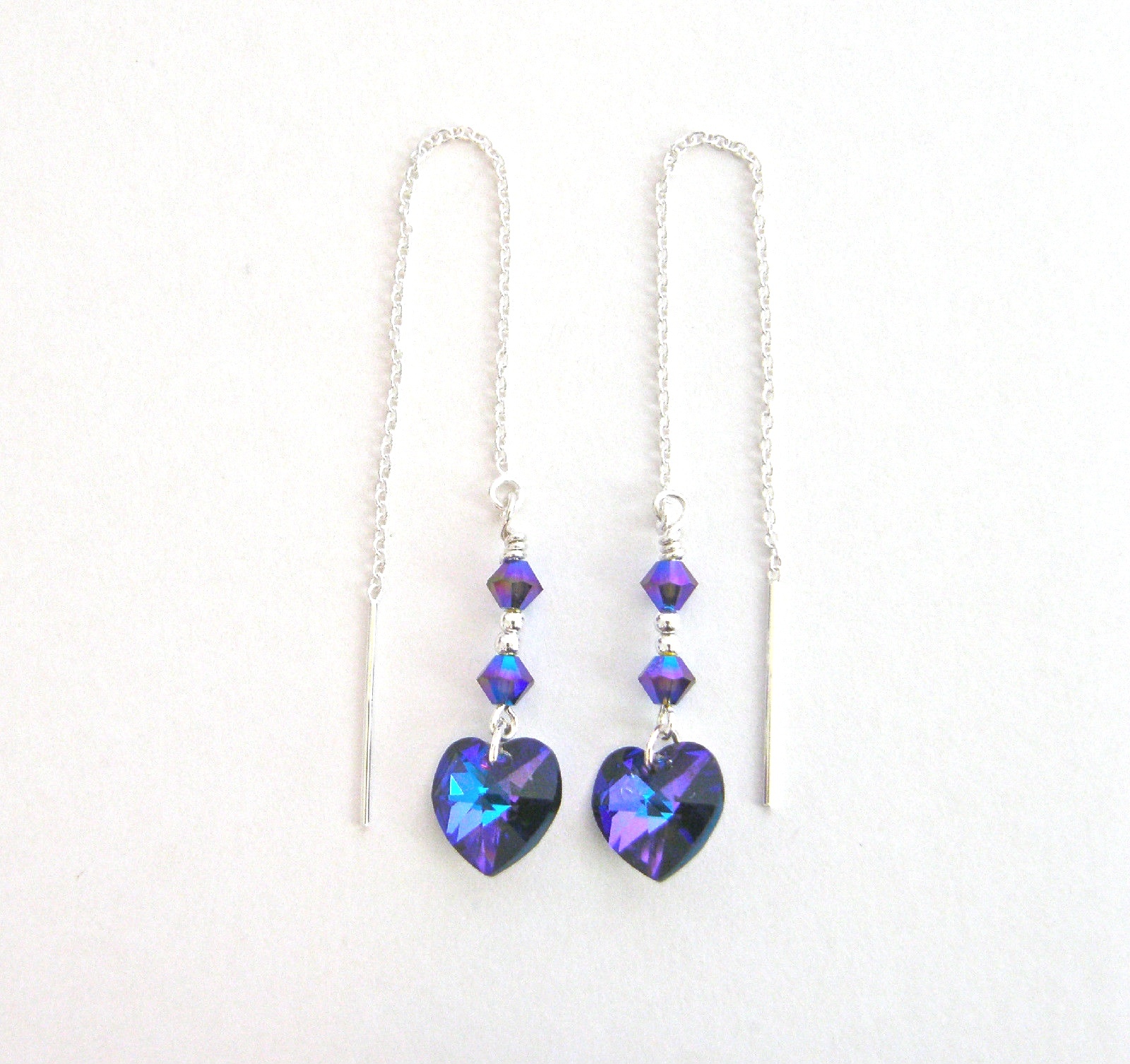 “IAJ” STERLING SILVER Ear Thread Earrings w/ HELIOTROPE PURPLE SWAROVSKI HEARTS
