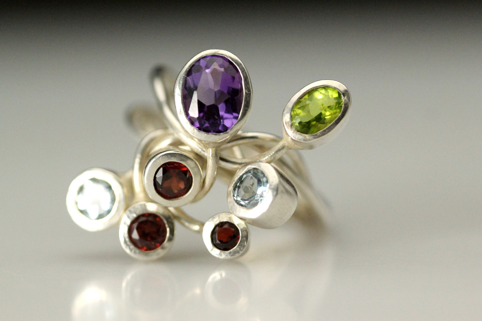 Multi-color Stone Four Wire 925 Sterling Silver Artisan Ring 8.6g sz 8(RIN9294)