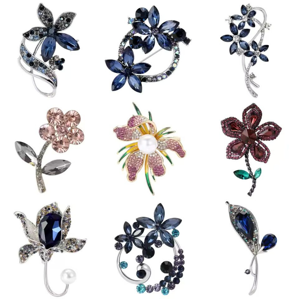 Blue Crystal Flower Brooch Silver Rhinestone Floral Pin Statement Jewelry Gift