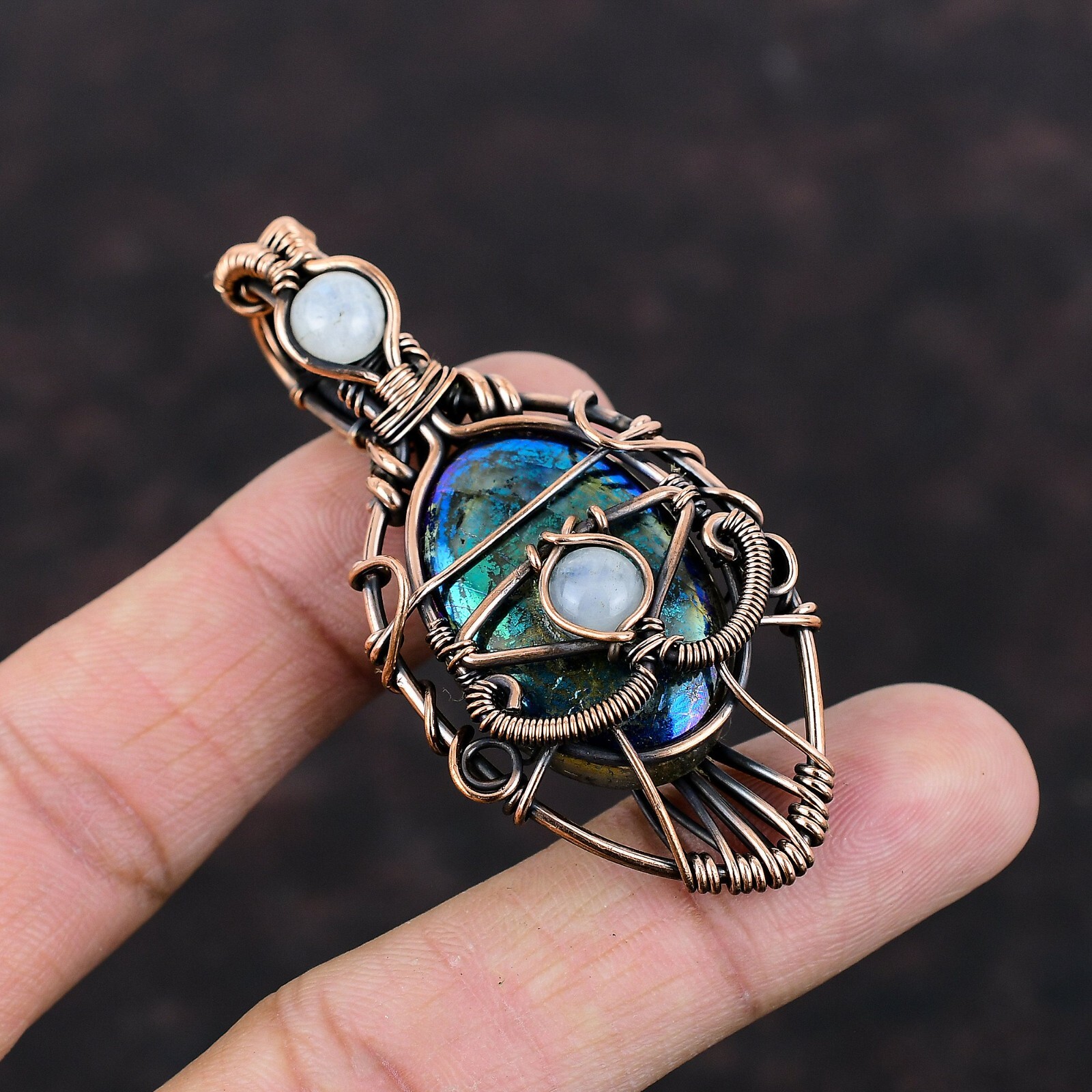 Mystic Fire Labradorite Copper Gift For Love Wire Wrapped Evil Eye Pendant 2.6″