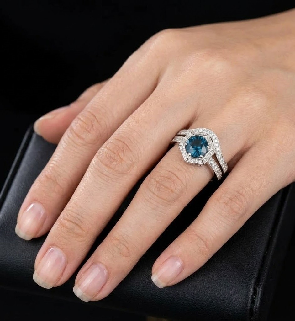 Hexagon Blue Topaz Engagement Ring Set, Sterling Silver Art Deco Bridal Ring