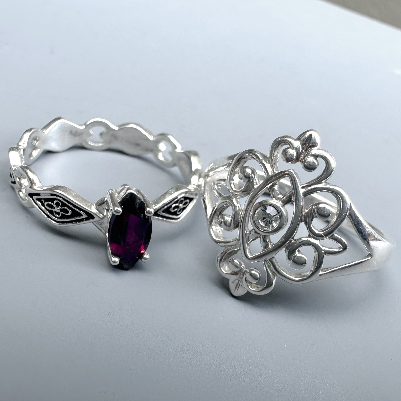 Set of Two Dainty Sterling Silver Rings – Sizes 8 & 9 w Garnet & CZ, 4.9g