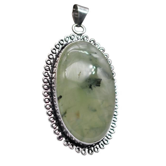 Prehnite Natural Gemstone Antique Silver Plated Pendant 2.5″ J 1615