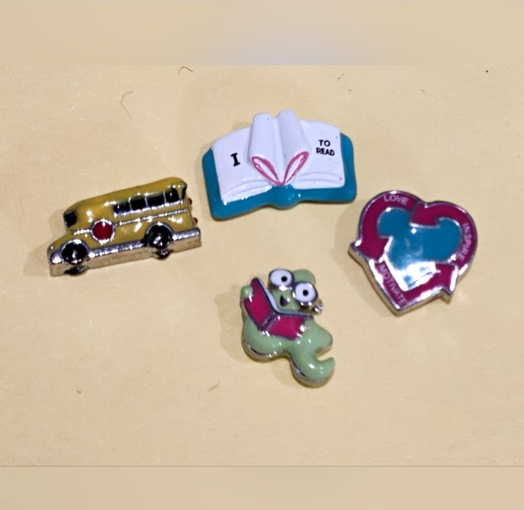 Lot of 4 Origami Owl Charms School Bus, Book, Worm, Heart