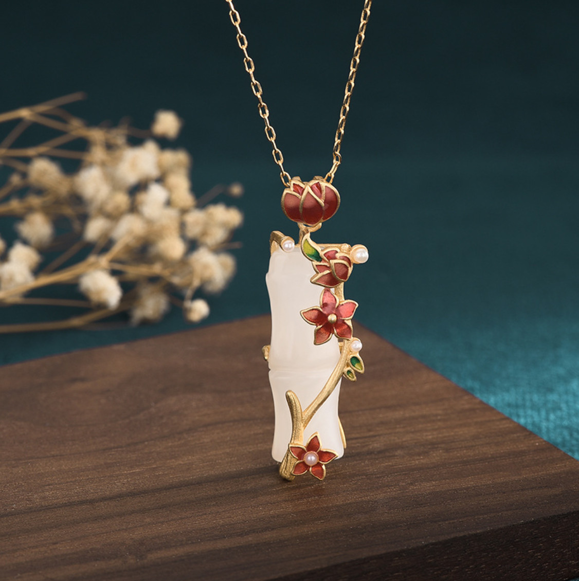 Jade Pendant Necklace Enamel Charm 18K Gold Plated Chain Bamboo Dainty Gemstone
