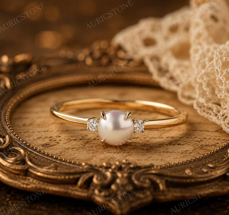 Lab Created Pearl Ring, Base Metal: Brass Finish: Gold Plated, Gift For Her