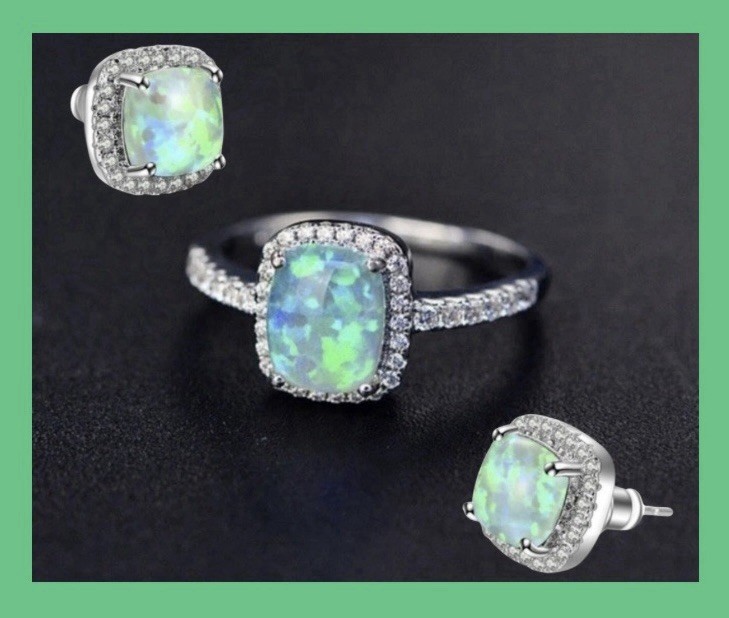 Gorgeous Green Fire Opal CZ Halo Square Earrings & Ring Size 11 Set