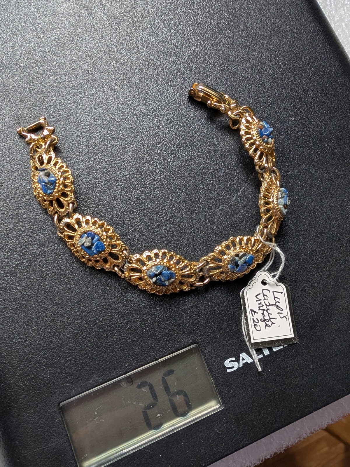 Vintage Yellow Gold Tone Ornate Panel Bracelet + Lapis Lazuli Chip 26g 18.5 cm L