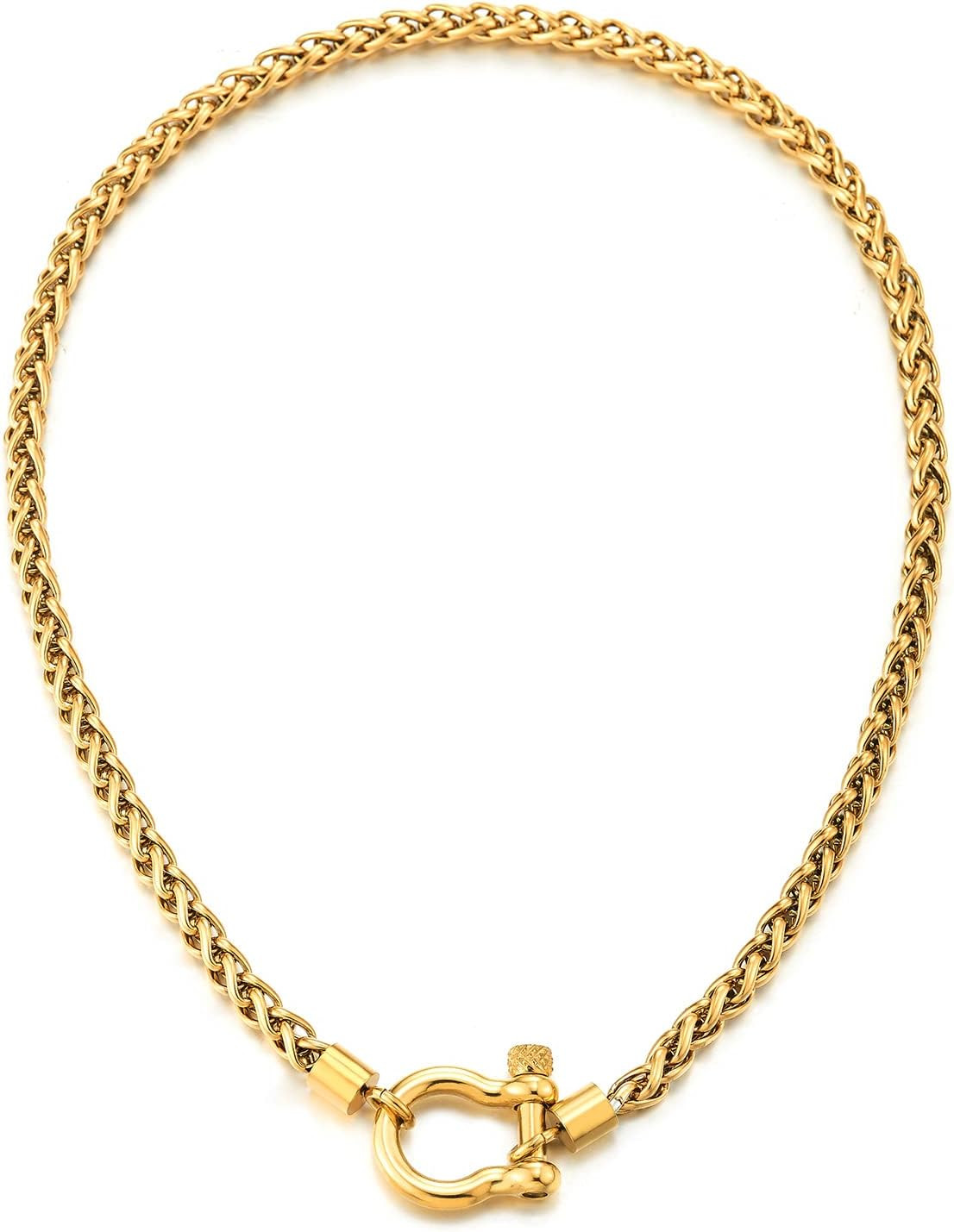 Mens Women Stainless Steel Wheat Chain Necklace with Horseshoe Shackle Clasp, Na