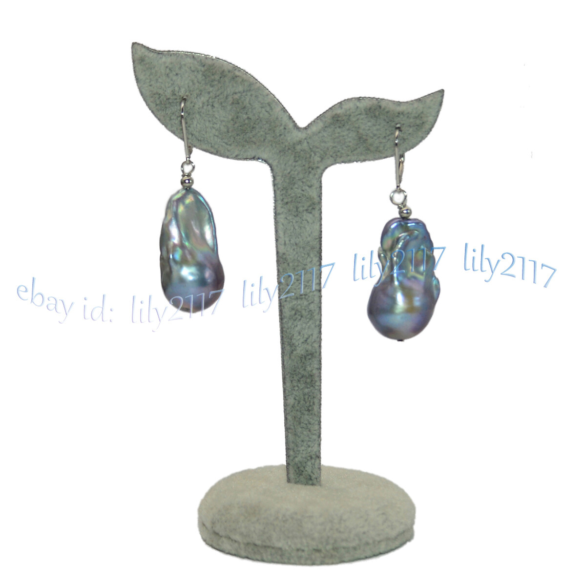16-29MM NATURAL SILVER GRAY BAROQUE KESHI PEARL DANGLE 14K WHITE GOLD EARRINGS