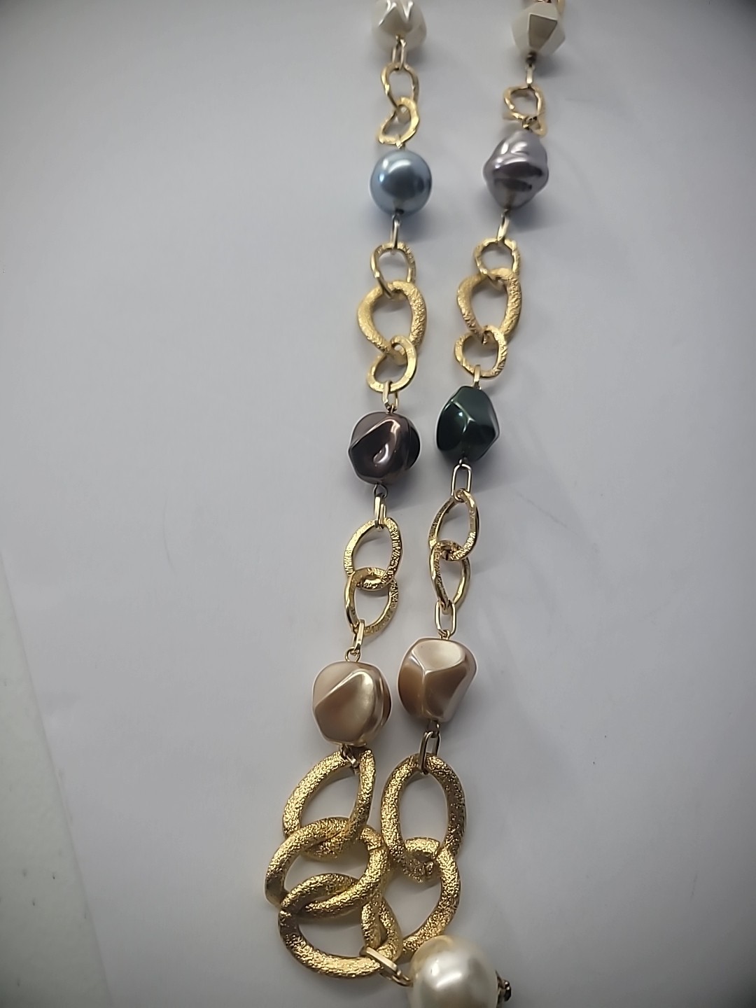 Vintage Necklace Beaded Blue Pink Gold Tone Chain Jewelry Costume