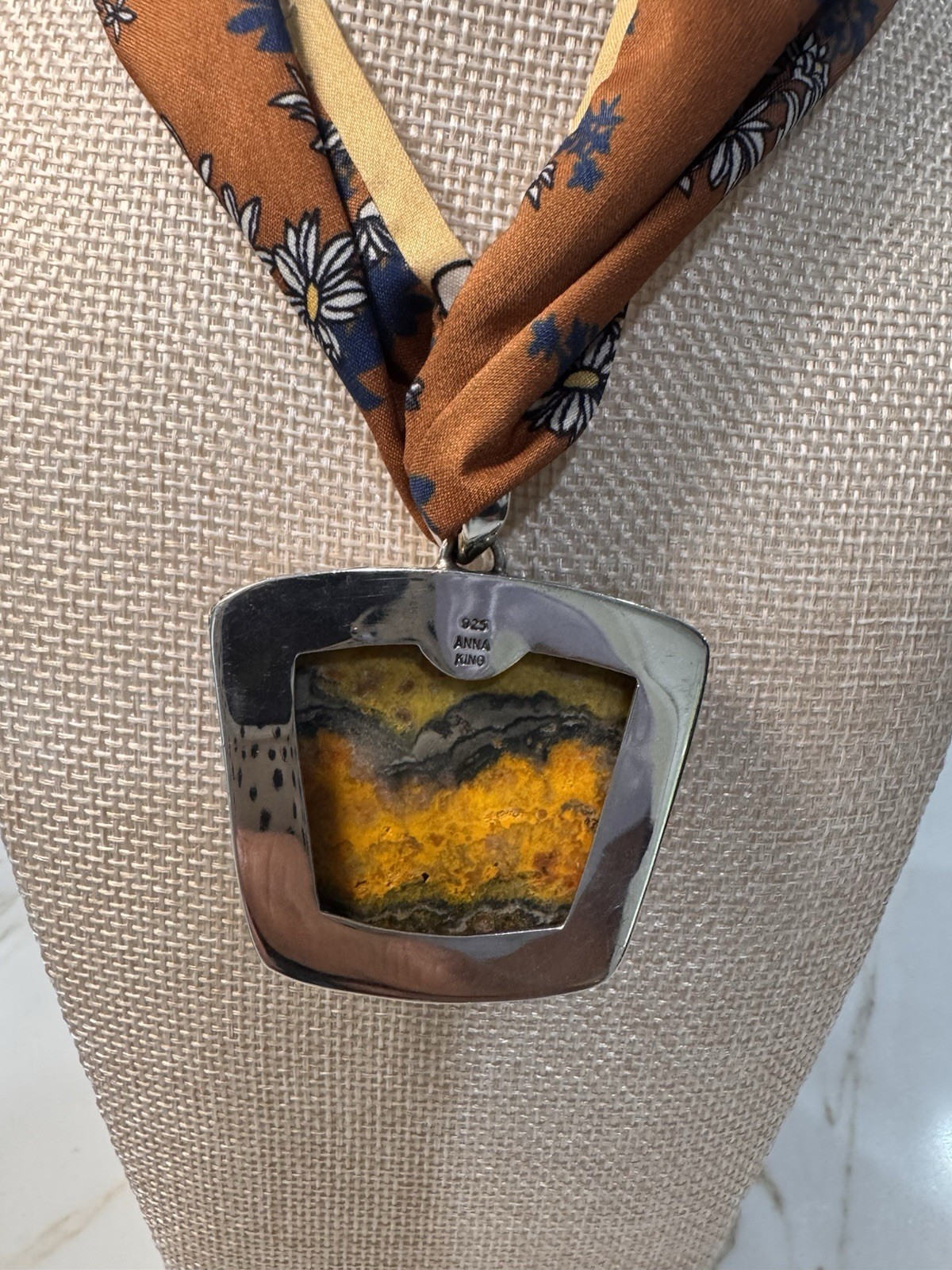 Anna King Signed 925 Sterling Silver Trapezoid Pendant Necklace Fabric Cord
