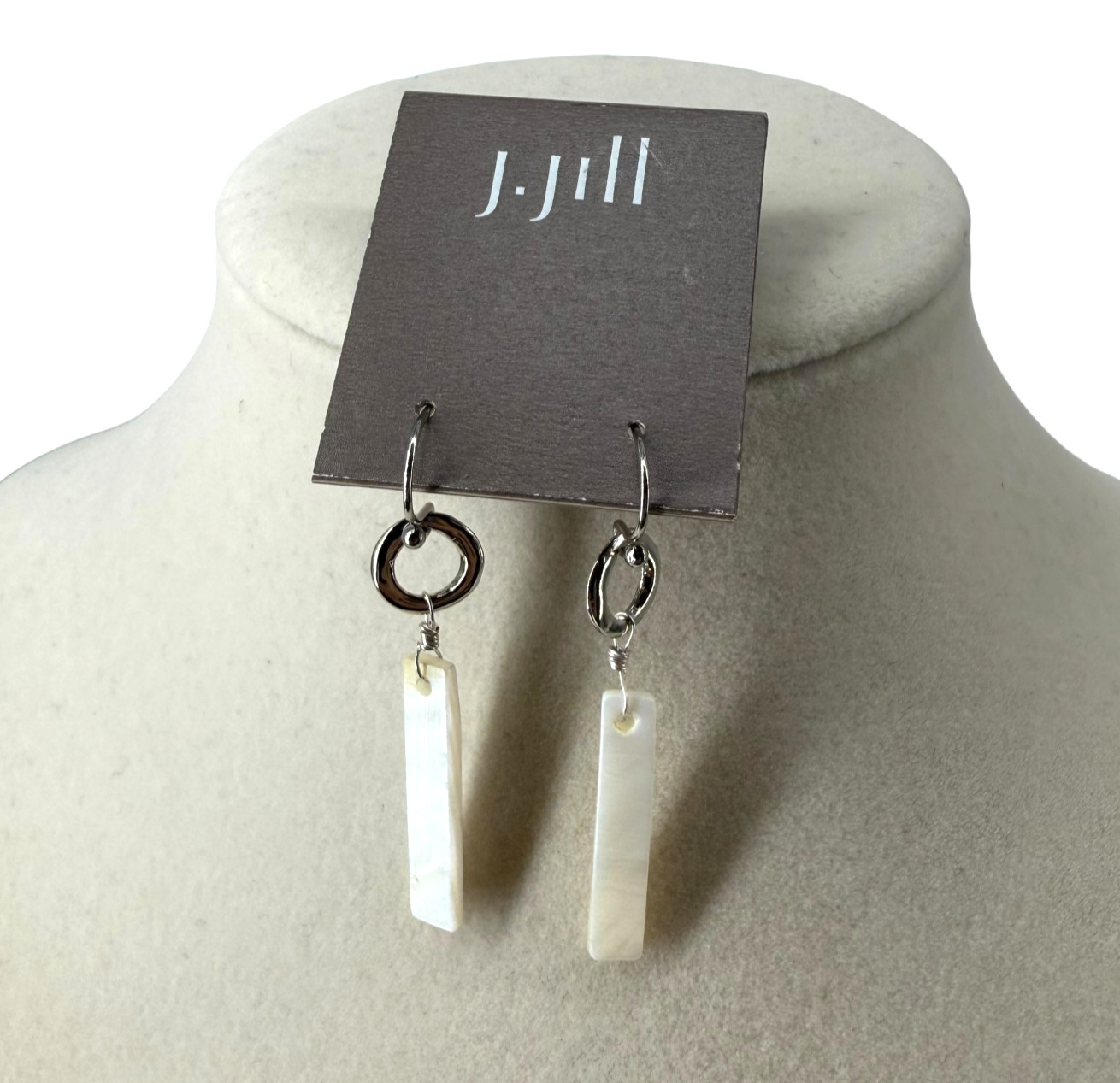 J Jill Mother of Pearl Bar Drop Earrings Silver Circle Shell Resort Coastal Boho