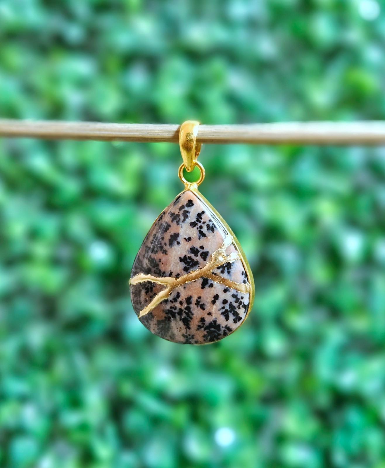 Necklace Dendritic Agate Pendant Kintsugi Art Brass Gold Plated Jewelry Gift