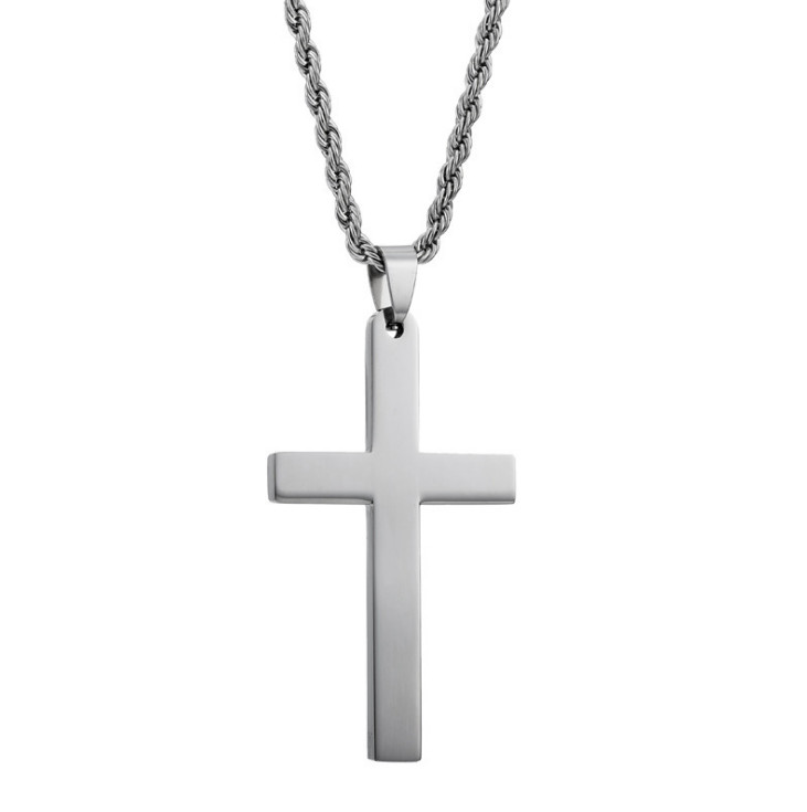 Plain Cross Pendant Necklace Stainless Steel Silver Crucifix Men Women 24″ Chain