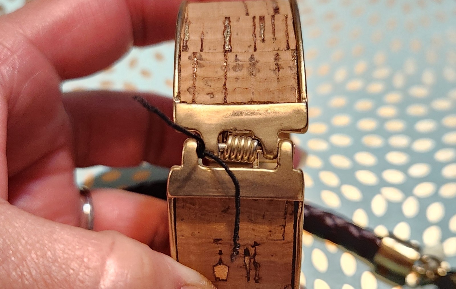 Chico’s LG Cork Pendant Brown Braided Cord Cork Magnet Clamper Goldtone Set