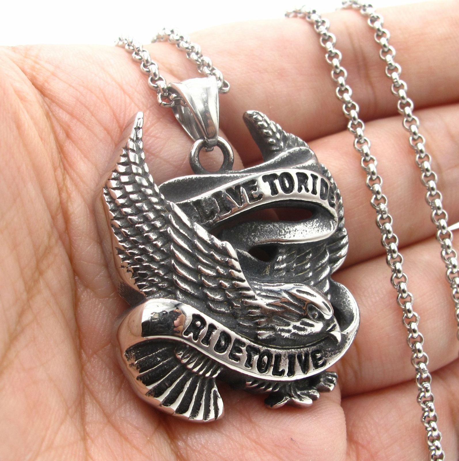 MENDEL Mens Motorcycle Biker Eagle Necklace Pendant Live To Ride to Live Chain