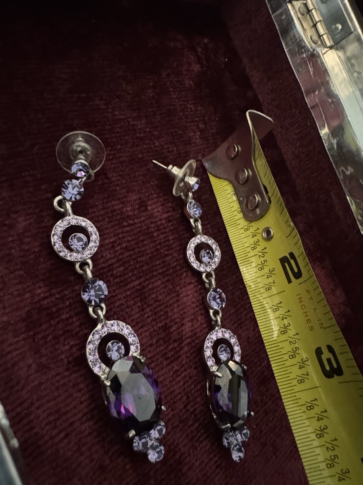 Silver Tone Purple Simulated Crystal Rhinestone Dangle Earrings 3in Butterfly