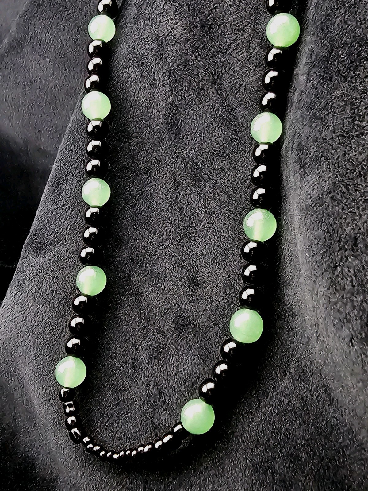 Vintage Aventurine & Onyx Necklace 19″ Polished Round Beads 30g