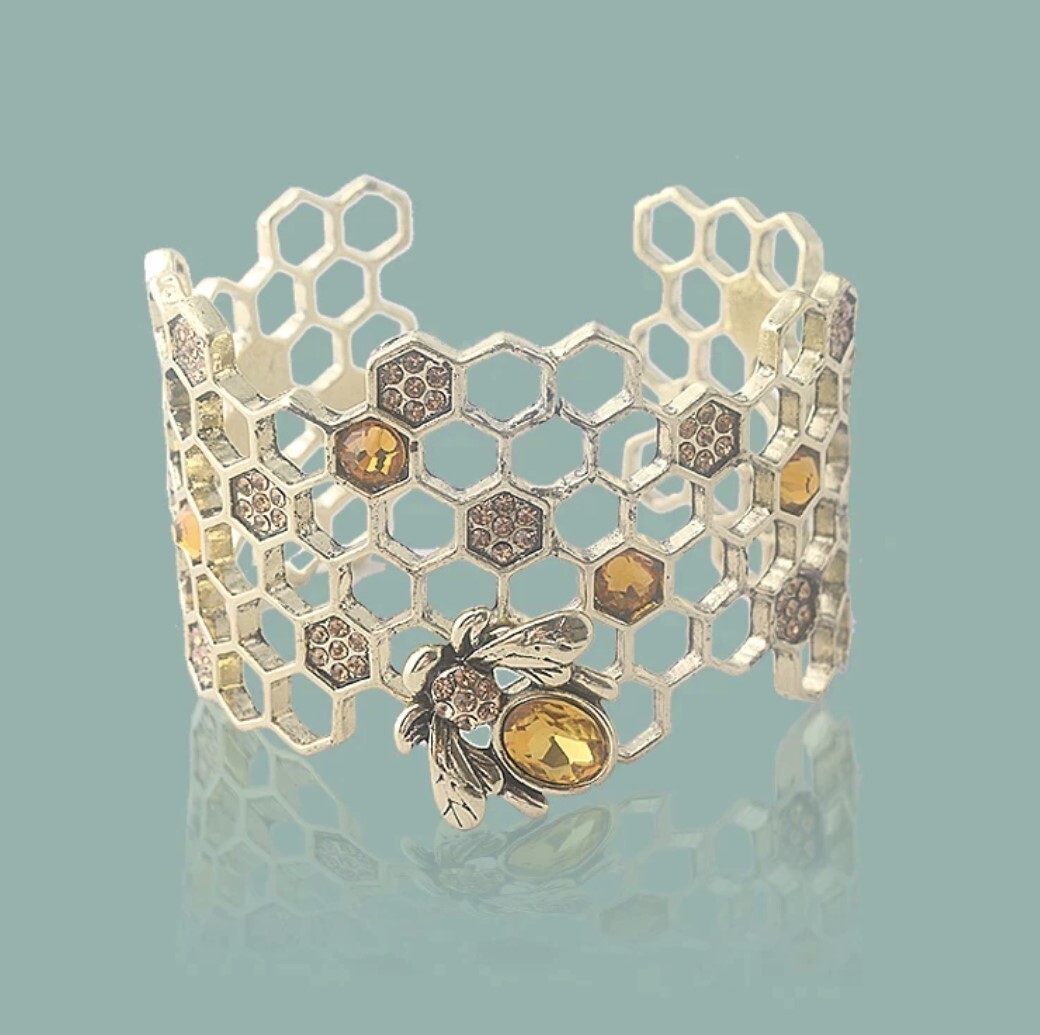 Alloy Gold Colored Honeycomb and Bee Cuff Bracelet