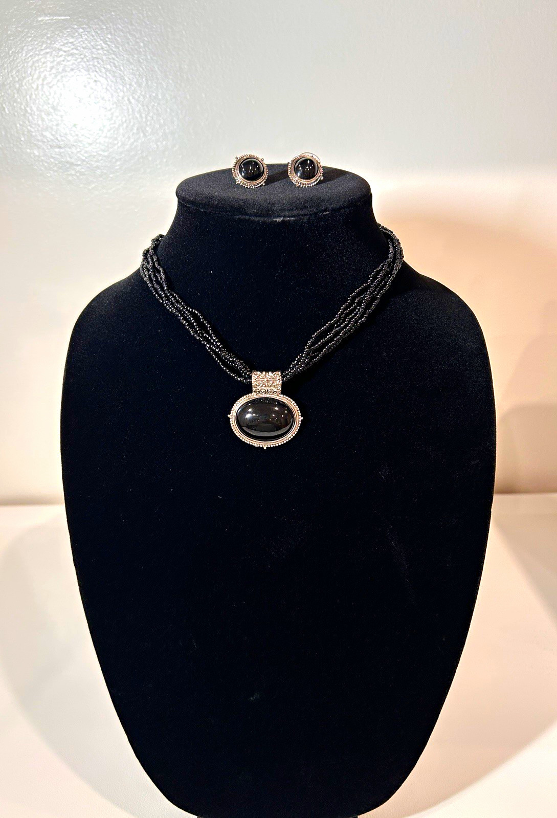 Black Silver Tone Multi-Strand Bead Oval Pendant Necklace & Earrings Set