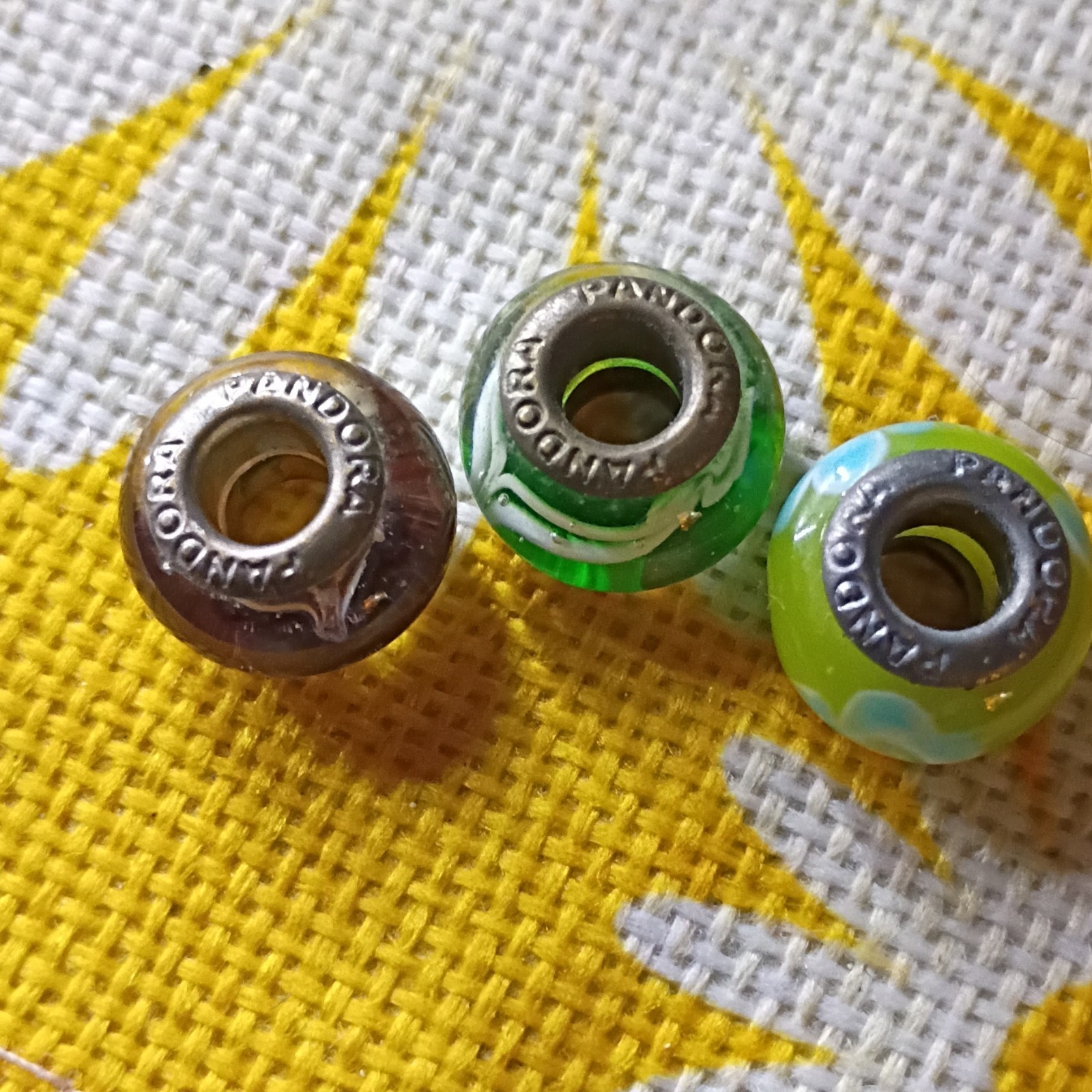 PANDORA Signed Green & Blue Murano Glass Bead Charm Lot, Silver, Round