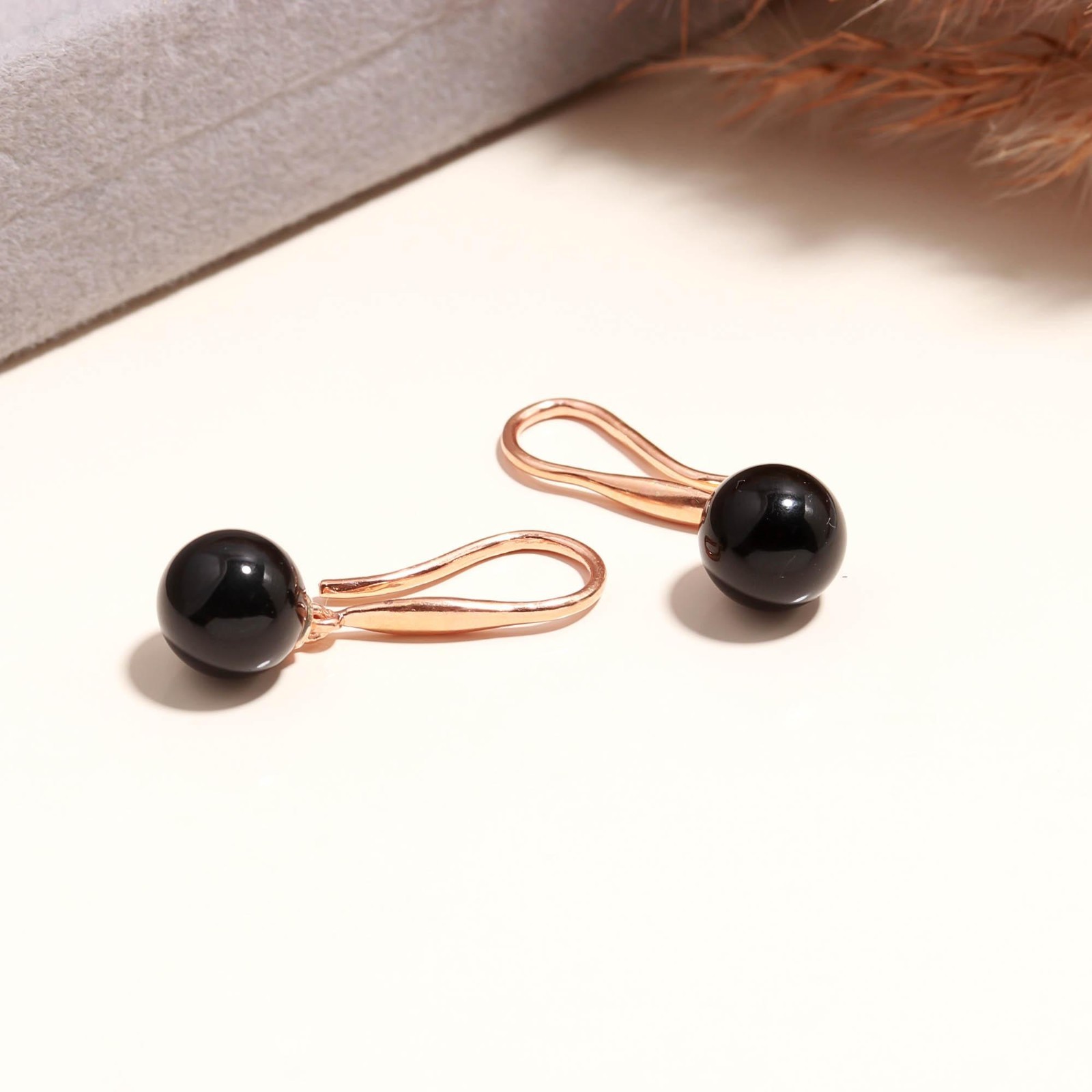 Natural Black Onyx Ball Dangle Earrings Rose Gold Plated Solid Silver Jewelry