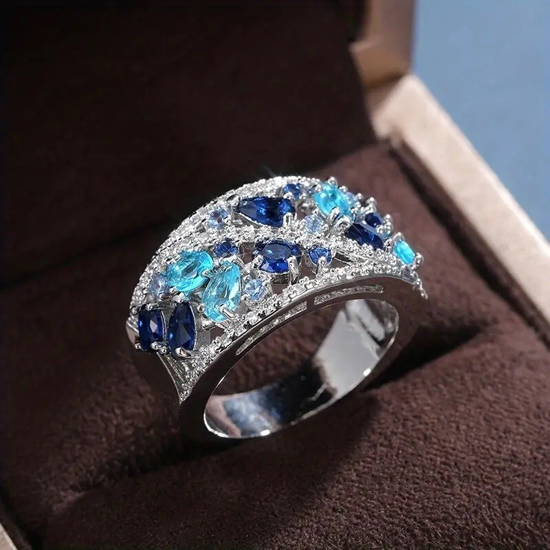 Elegant 925 Sterling Silver Blue White Topaz Wedding Engagement Ring Size 9