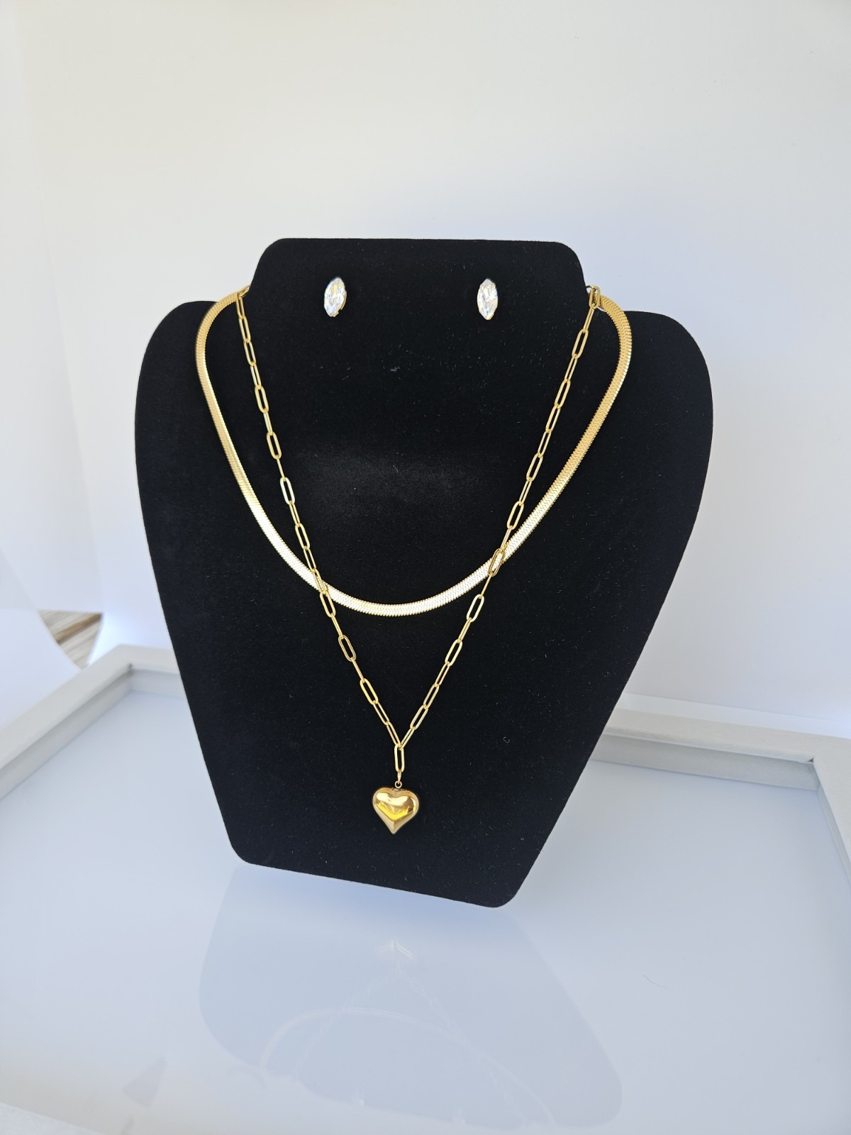 18K Gold Plated Stainless Steel Layered Heart Necklace & 3-Pair Earring Stud Set