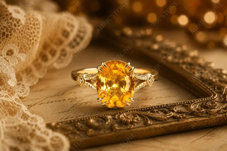 Lab Created Yellow Citrine Ring, Base Metal: Brass Finish: Gold Plated, Gift
