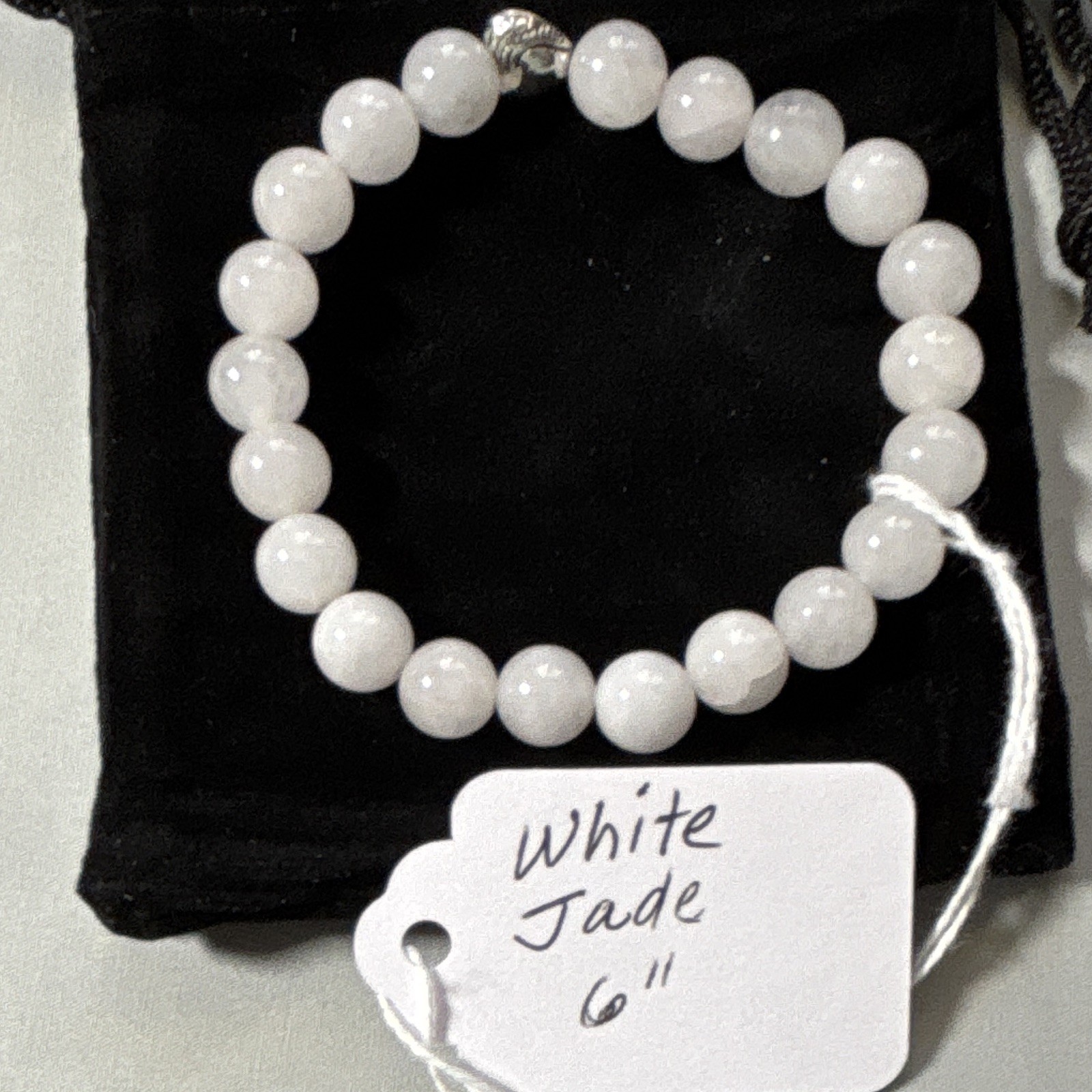 White Jade Round Beaded Stretch Bracelet, Elastic Stackable, 6 in