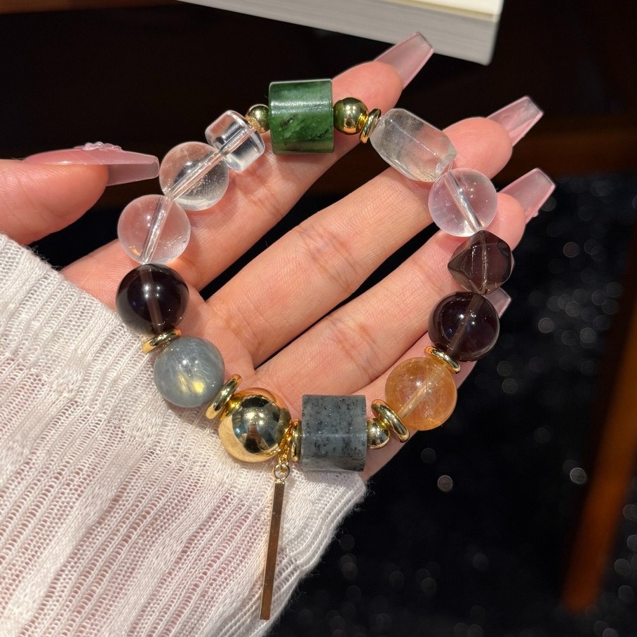 13mm Natural White Crystal, Smoky Quartz, Jasper Handmade Bracelet