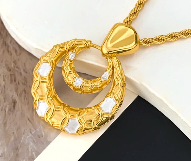 45cm African Dubai 18K Gold Plated Bride Double Layer Earrings Pendant Necklace