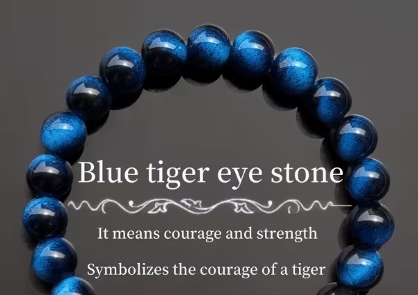 Blue Tiger Eye beaded bracelet — adjustable elastic fit; wear for courage wisdom