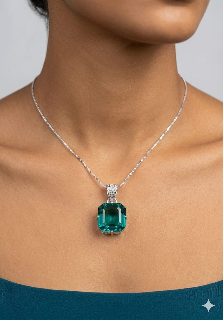 28 Ct Certified Natural Asscher Cut Green Paraiba Tourmaline 925 Silver Pendant