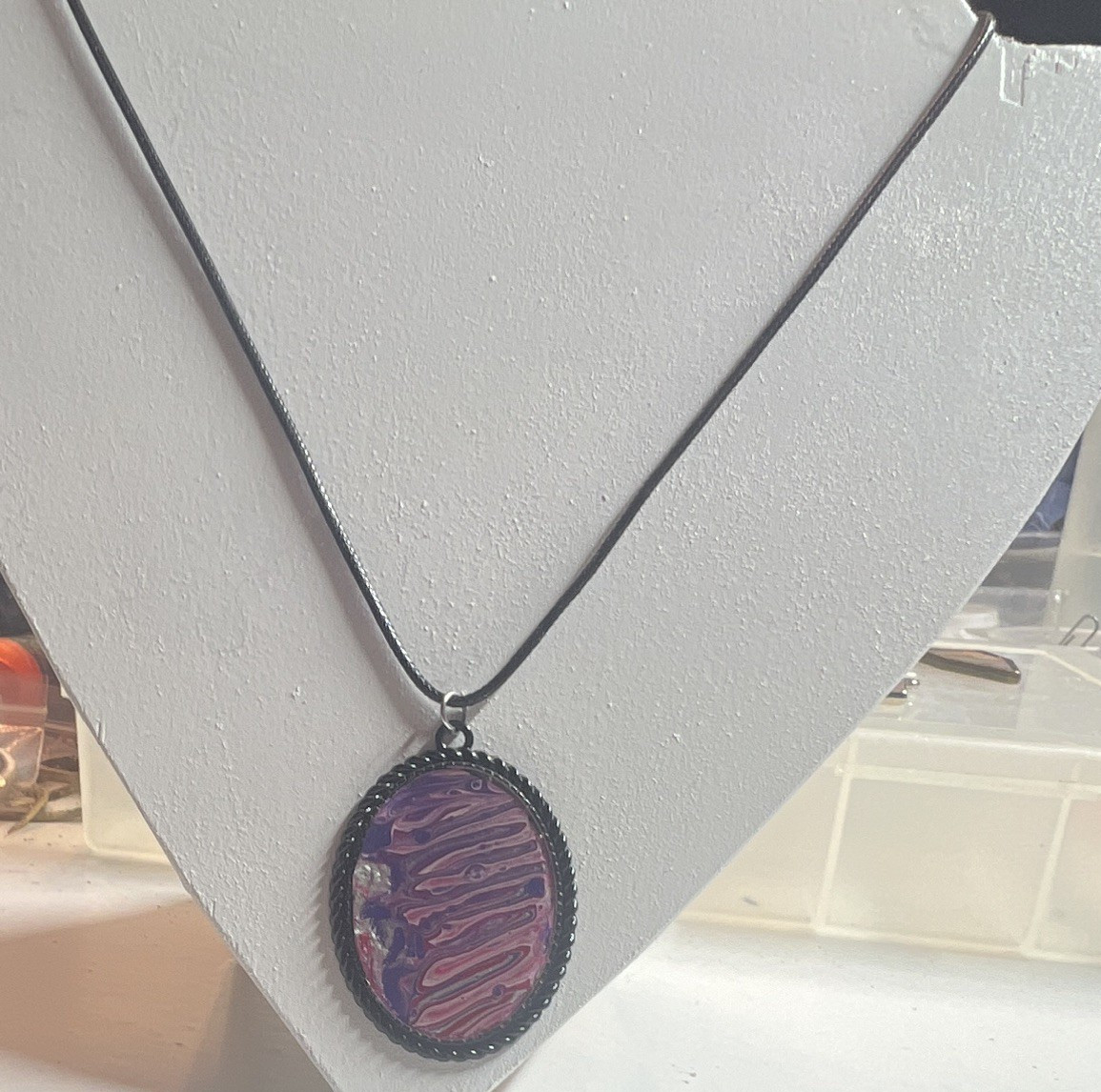 Black Cord Necklace Oval Resin Art Pendant Charm Black Purple Pink Swirl