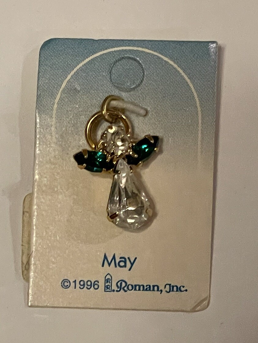 1996 May Birthstone Angel Charm Pendant Vintage Roman Inc NEW Rhinestones Green