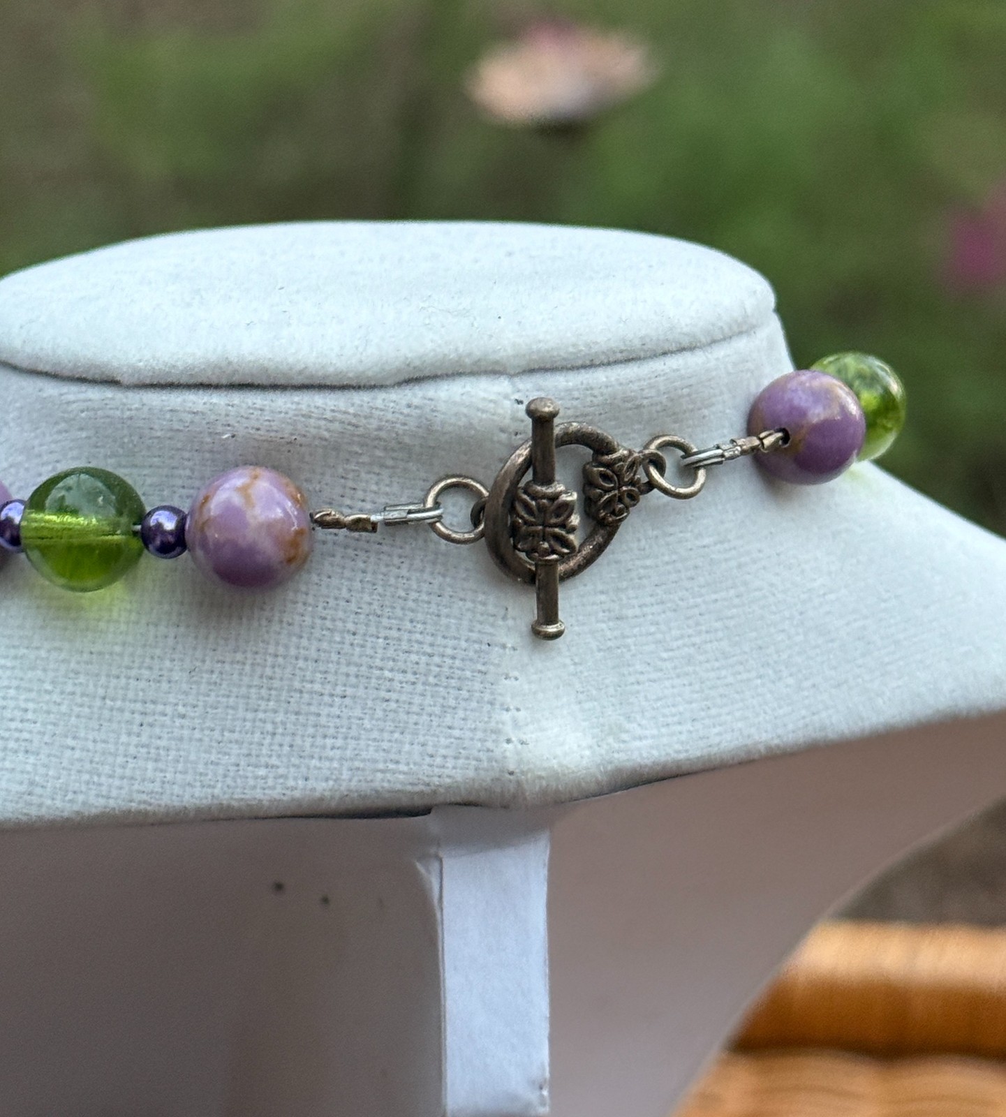 Vtg Artisan Made Hand Painted Beaded Necklace w/ Glass Crystals Purple Green