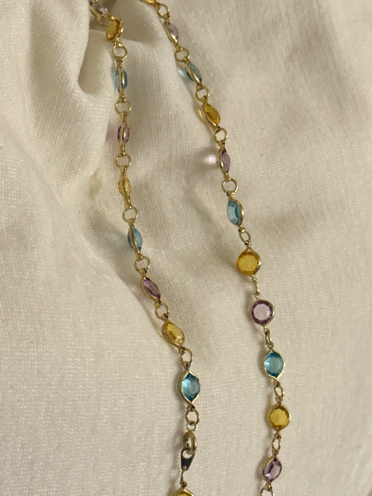 28″ Multi-Gemstone Station Necklace Gold Tone Bezel Set Blue Purple Yellow Boho