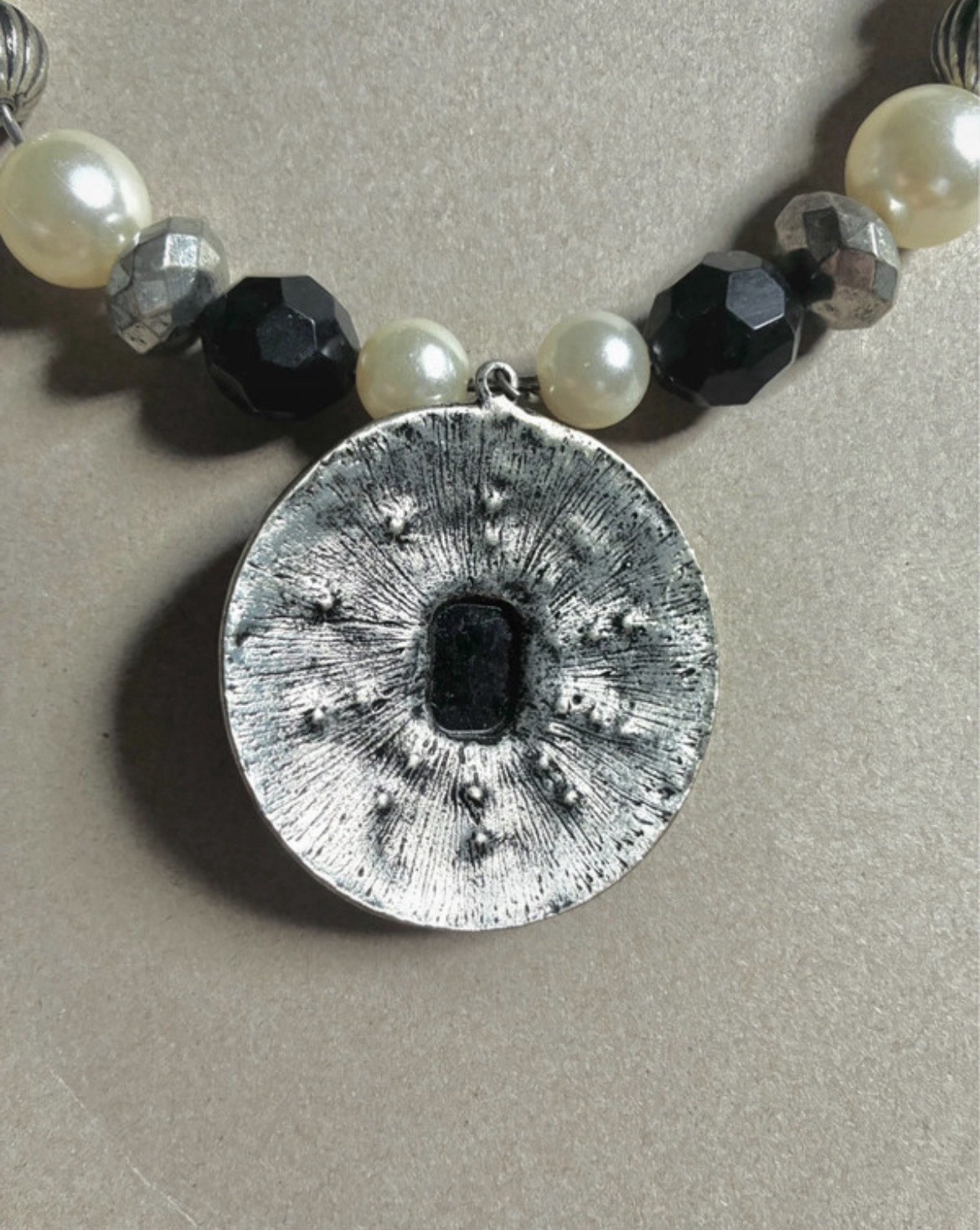 Vintage Black & White Beaded Necklace Silver with Pendant Snake Chain