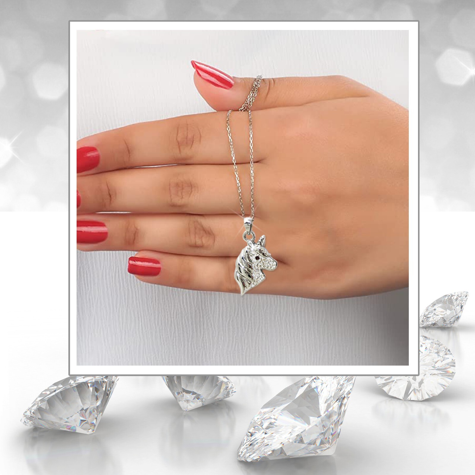 Silver Unicorn Necklace Cubic Zirconia Crystal Charm Gift Women Girls 18 inch