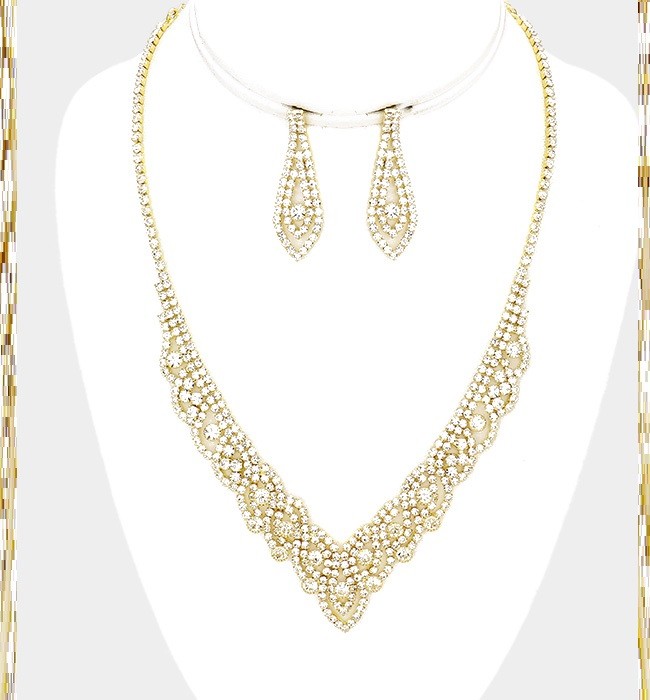Crystal Rhinestone Evening Wedding Diamond Necklace Set V Statement Collar Neck