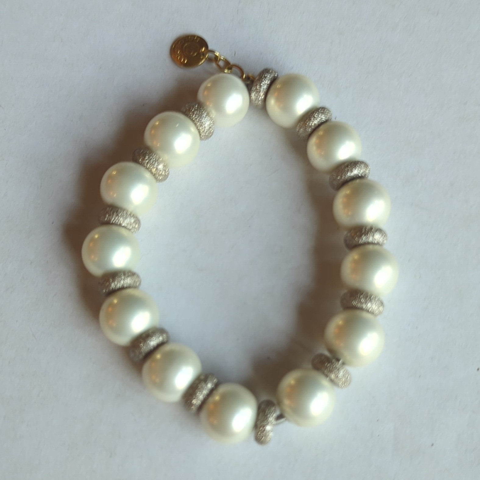 Sterling Silver Dolceoro Italy White Imitation Pearl Beaded Bracelet Signed