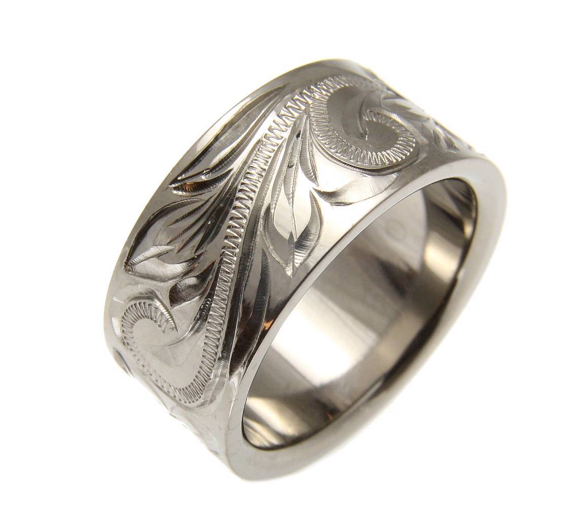 TITANIUM HAND ENGRAVED HAWAIIAN PLUMERIA SCROLL BAND RING 10MM