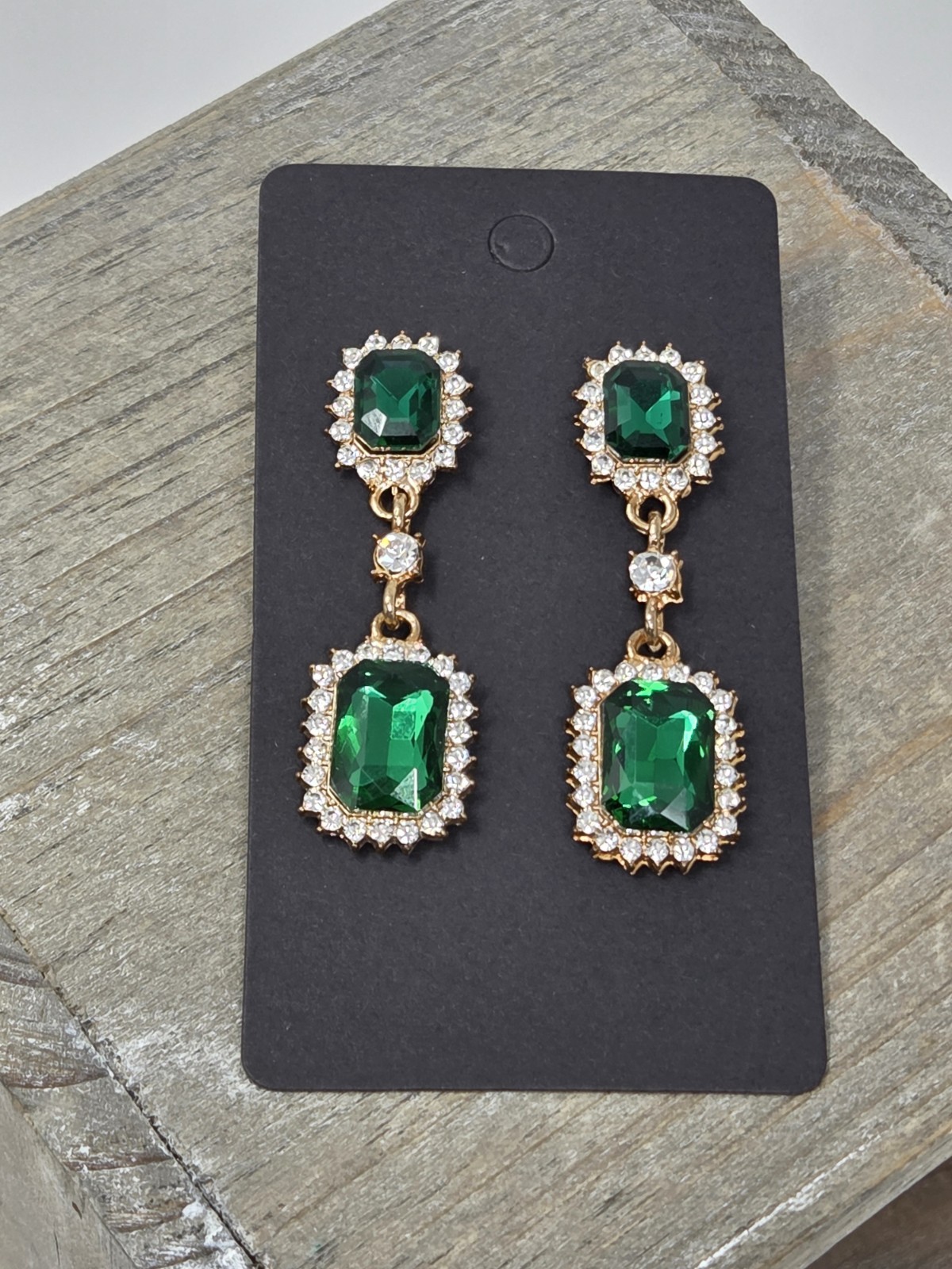 Green & Clear Rhinestone Dangle Drop Pierced Earrings 1.75 Inch Vintage Style