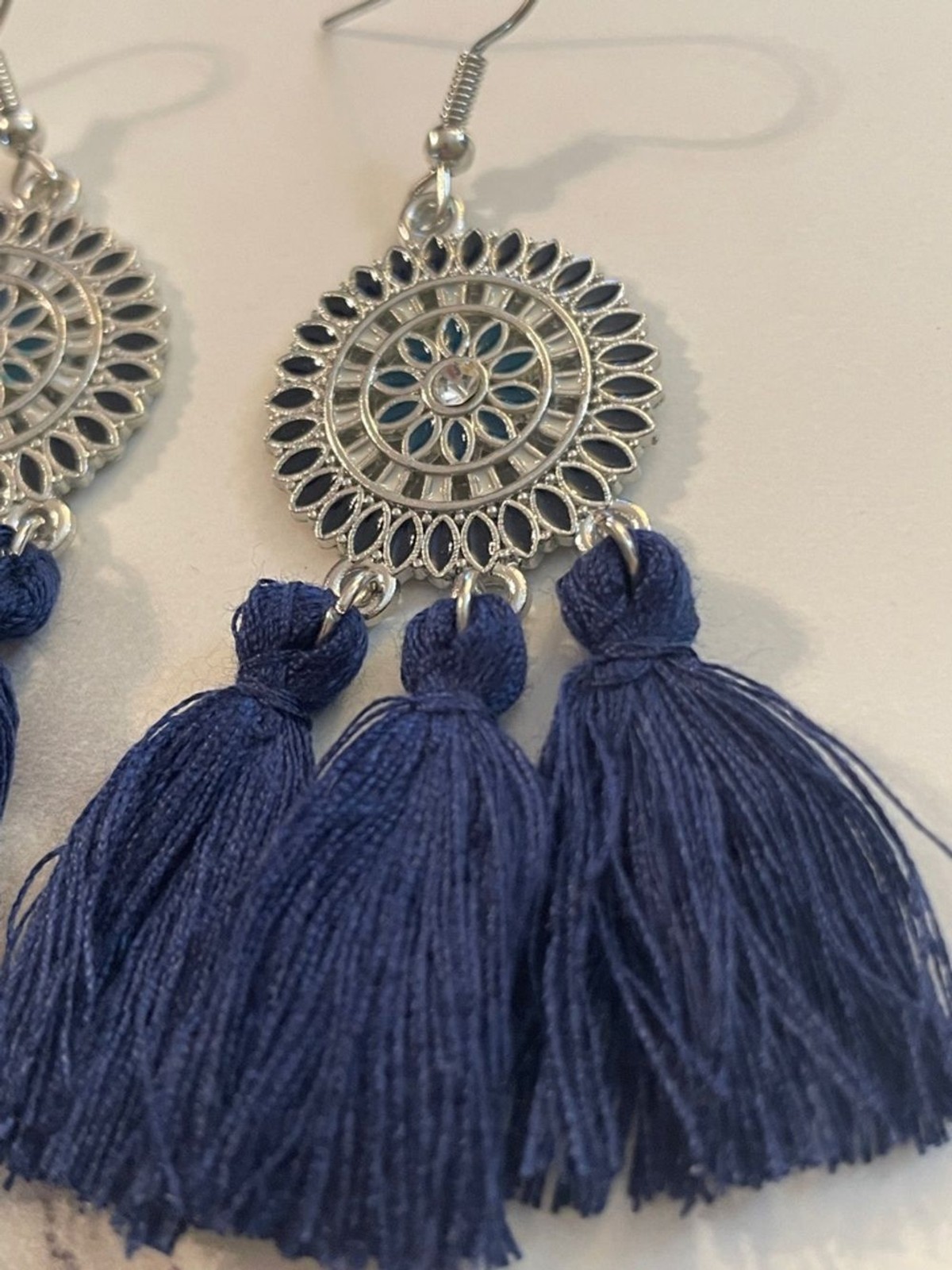 Boho Navy Tassel Drop Earrings with Silver Medallions