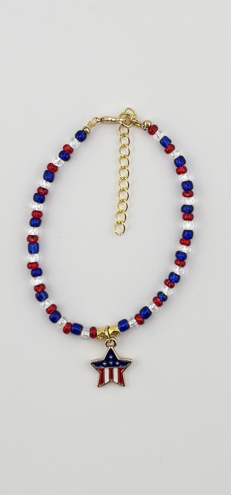 Red White & Blue Glass BeadBracelet 8in Lobster Clasp Star Charm 4th of July
